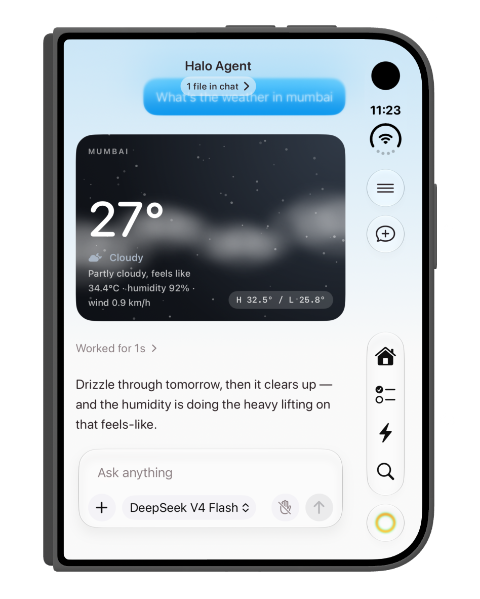 Halo Agent in the folded layout, showing a Mumbai weather card, its response and the chat composer.