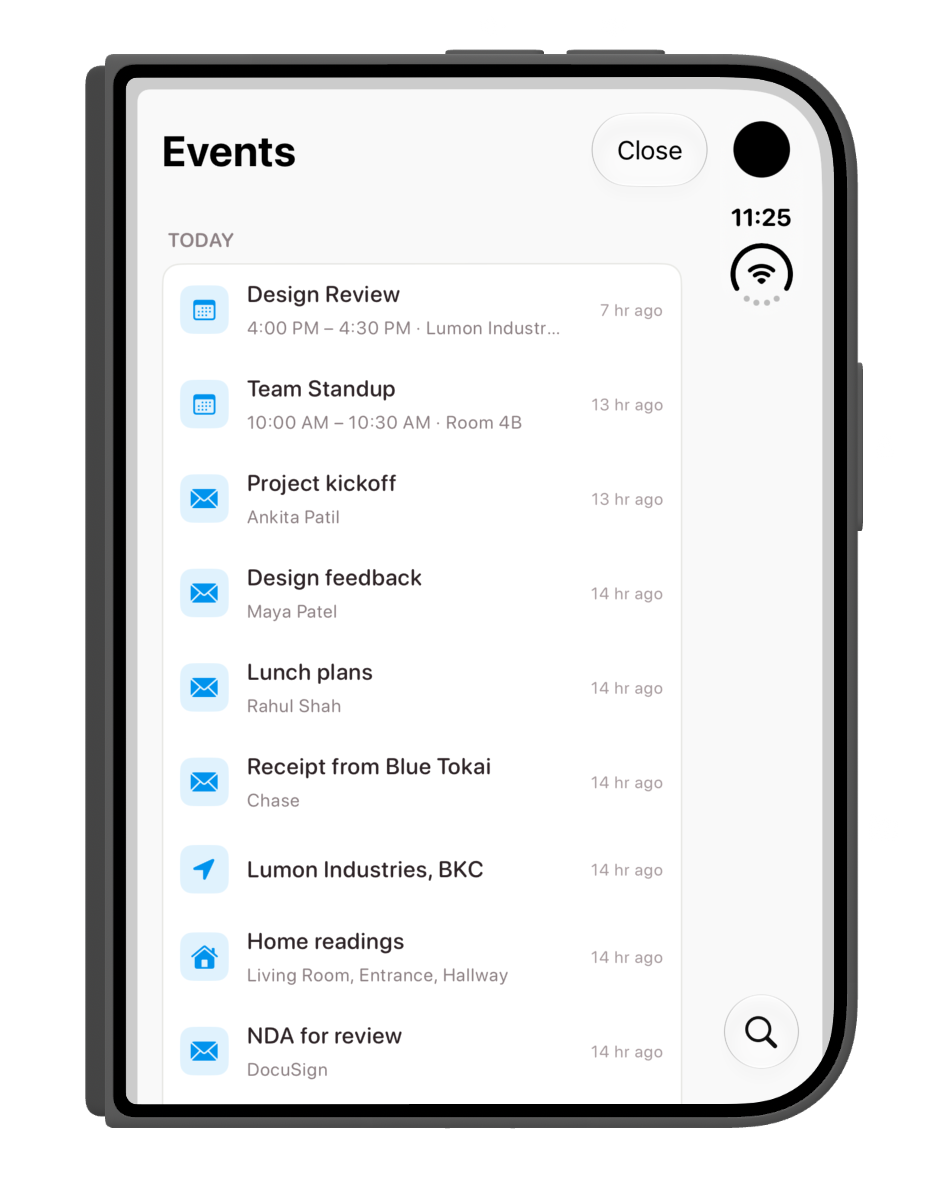 The events view brings calendar entries, emails and other activity into one list while the device is folded.