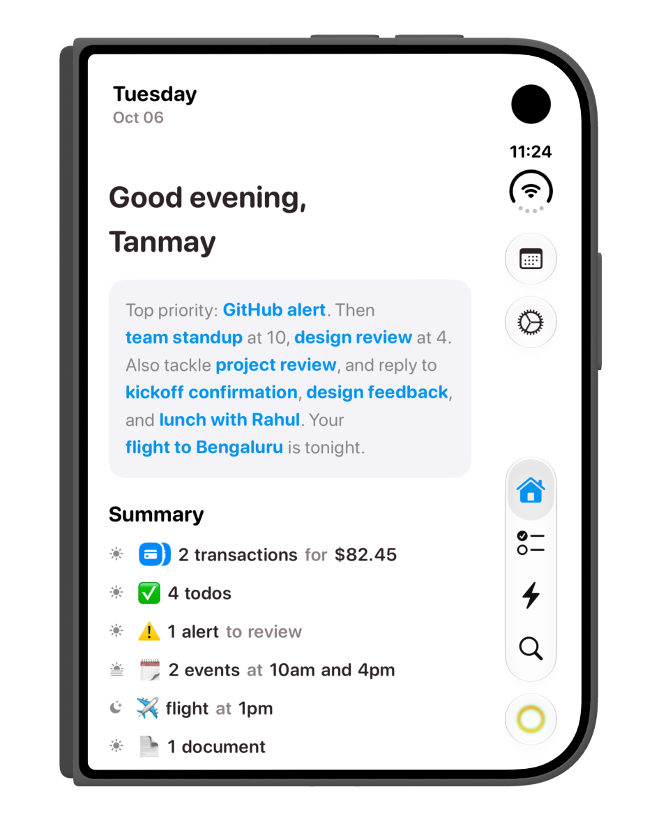 A closer view of the folded home screen and its side navigation.