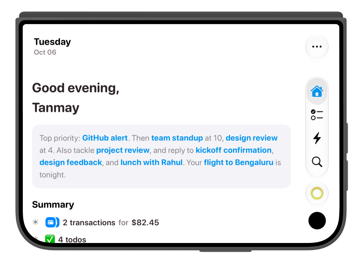The folded home screen in landscape, with the briefing reflowed across the wider view and navigation on the right.