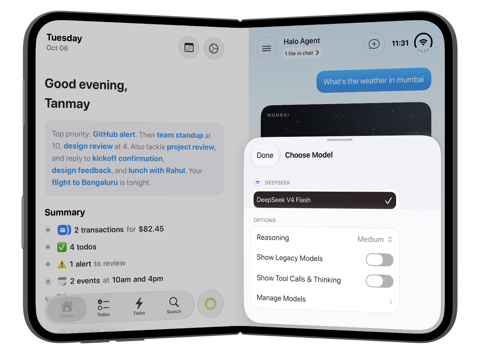 The model picker in the partially folded layout, contained on the chat side of the screen.