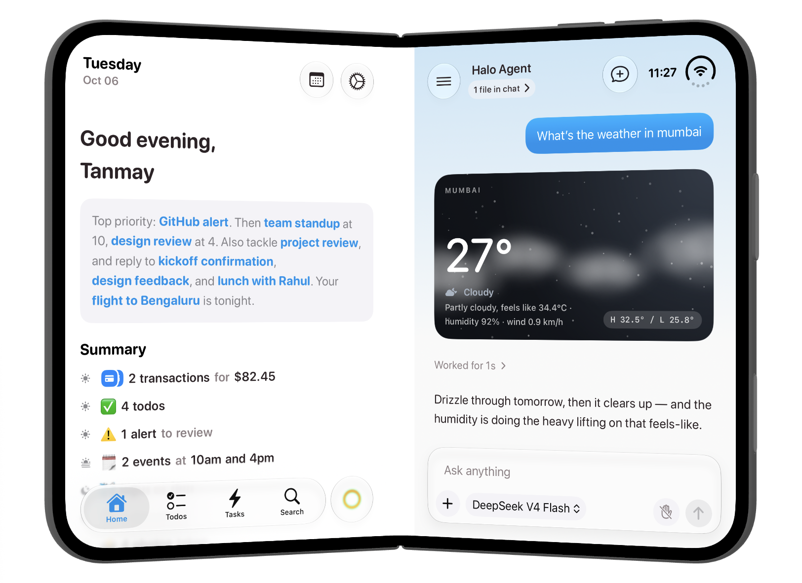 The partially folded layout keeps the briefing and chat on either side of the crease, with each view adjusted to its available space.