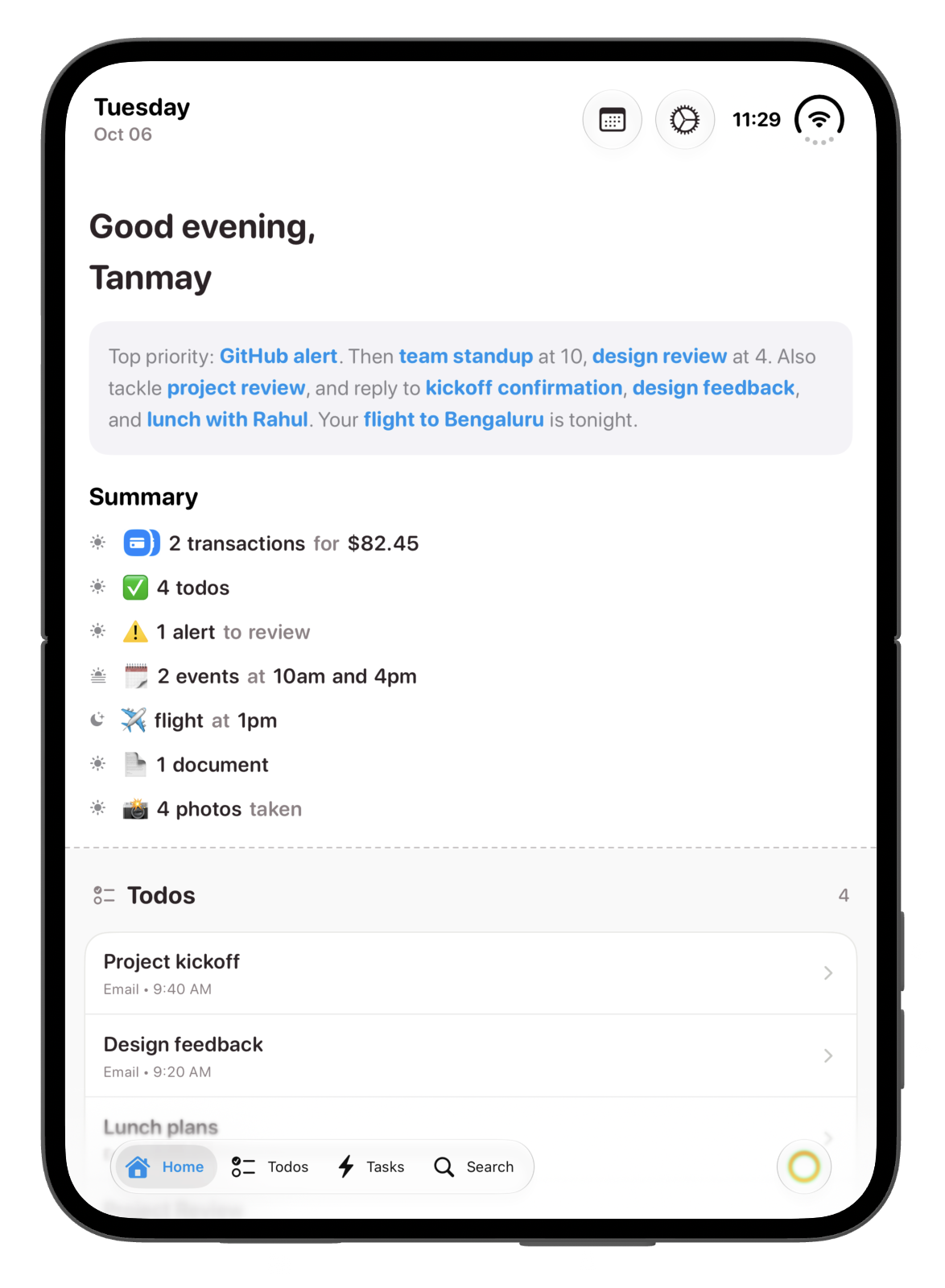 The open portrait home screen shows the daily briefing, a longer summary and the todo list below it.