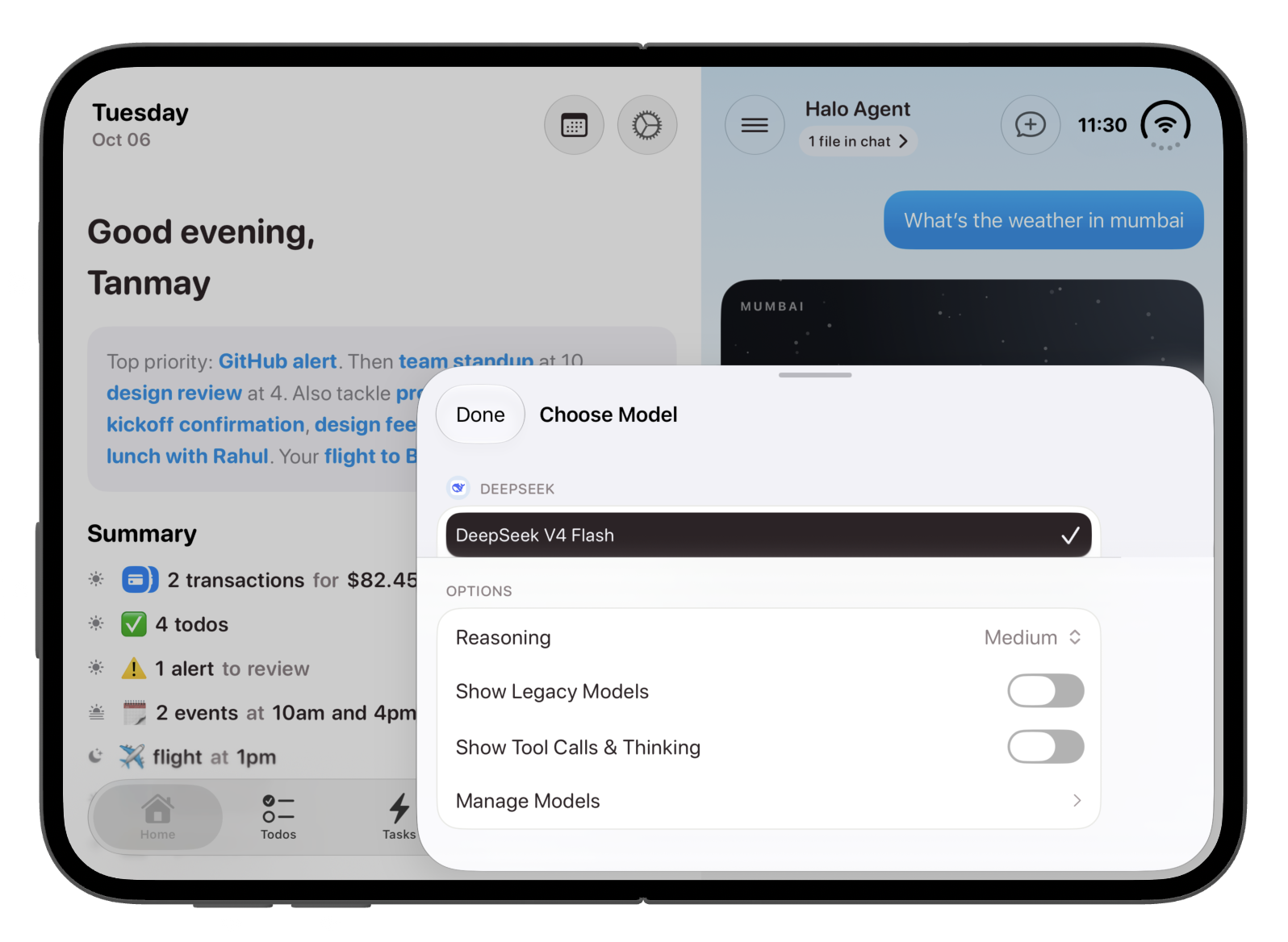 The model picker with Duo unfolded, shown over the home and pinned chat layout.